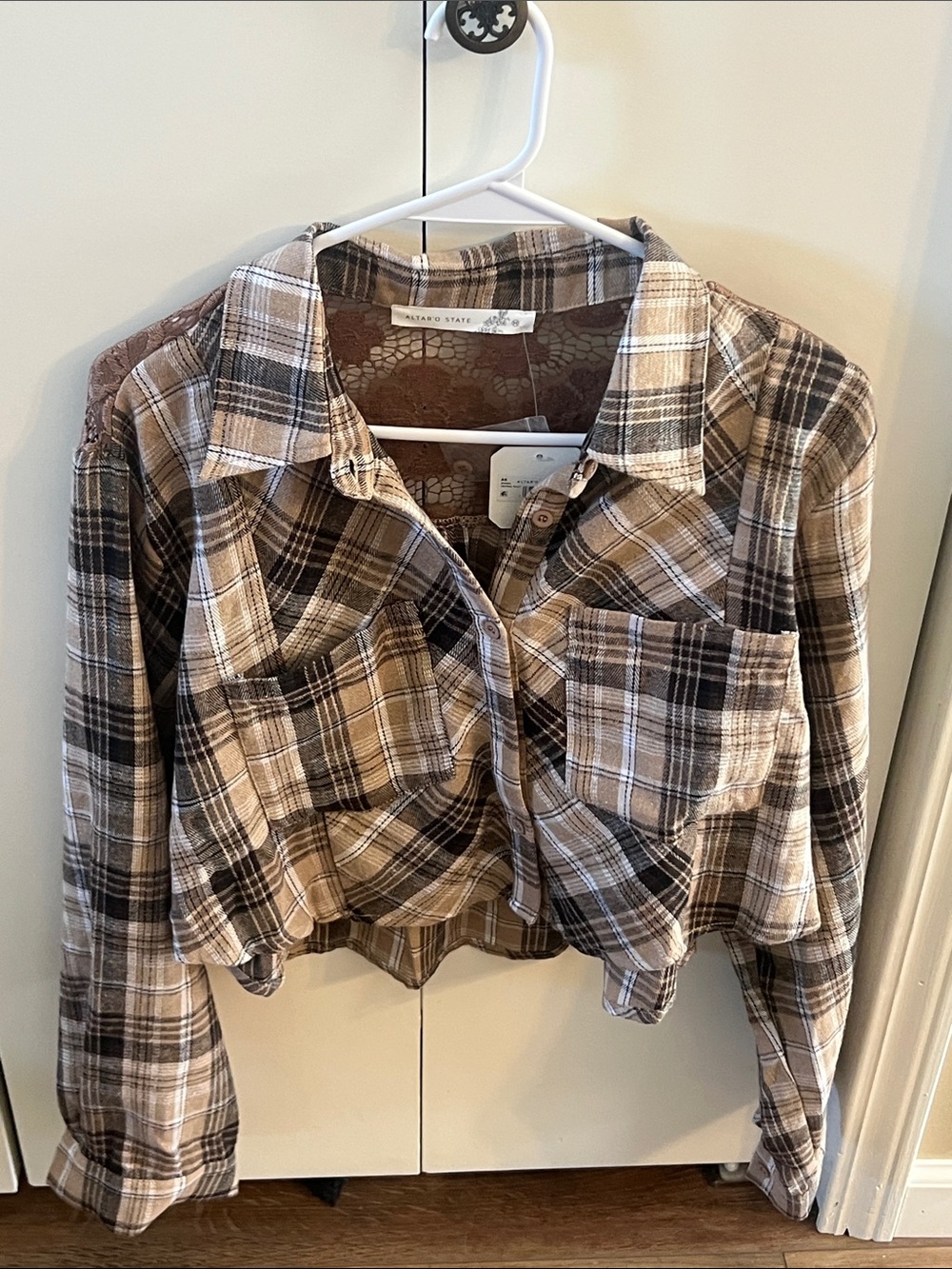 NWT M Altar'd State Brown and Cream Plaid crop lace back Button-Down shirt top
